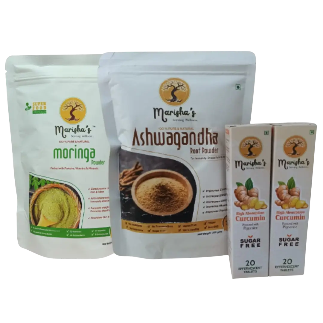 moringa powder | ashwagandha powder | curcumin tablet | marishas