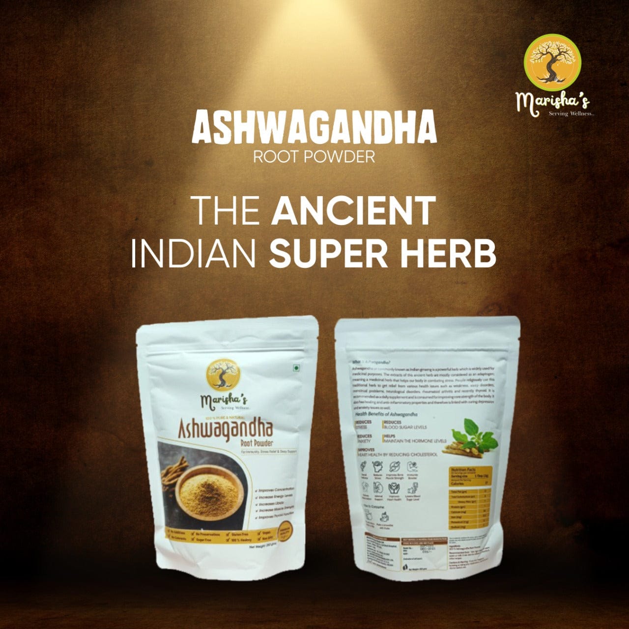 Pure & Natural Ashwagandha Powder (250gm) | Natural Stress Relief & Mood support | Sleep Support | Non-GMO organic Vegan Superfood | Marishas